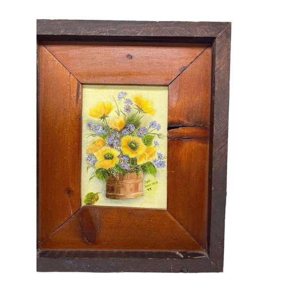 Country Flowers Original Art Painting Handmade Wood Frame Floral Vtg 12x10 - Picture 3 of 13